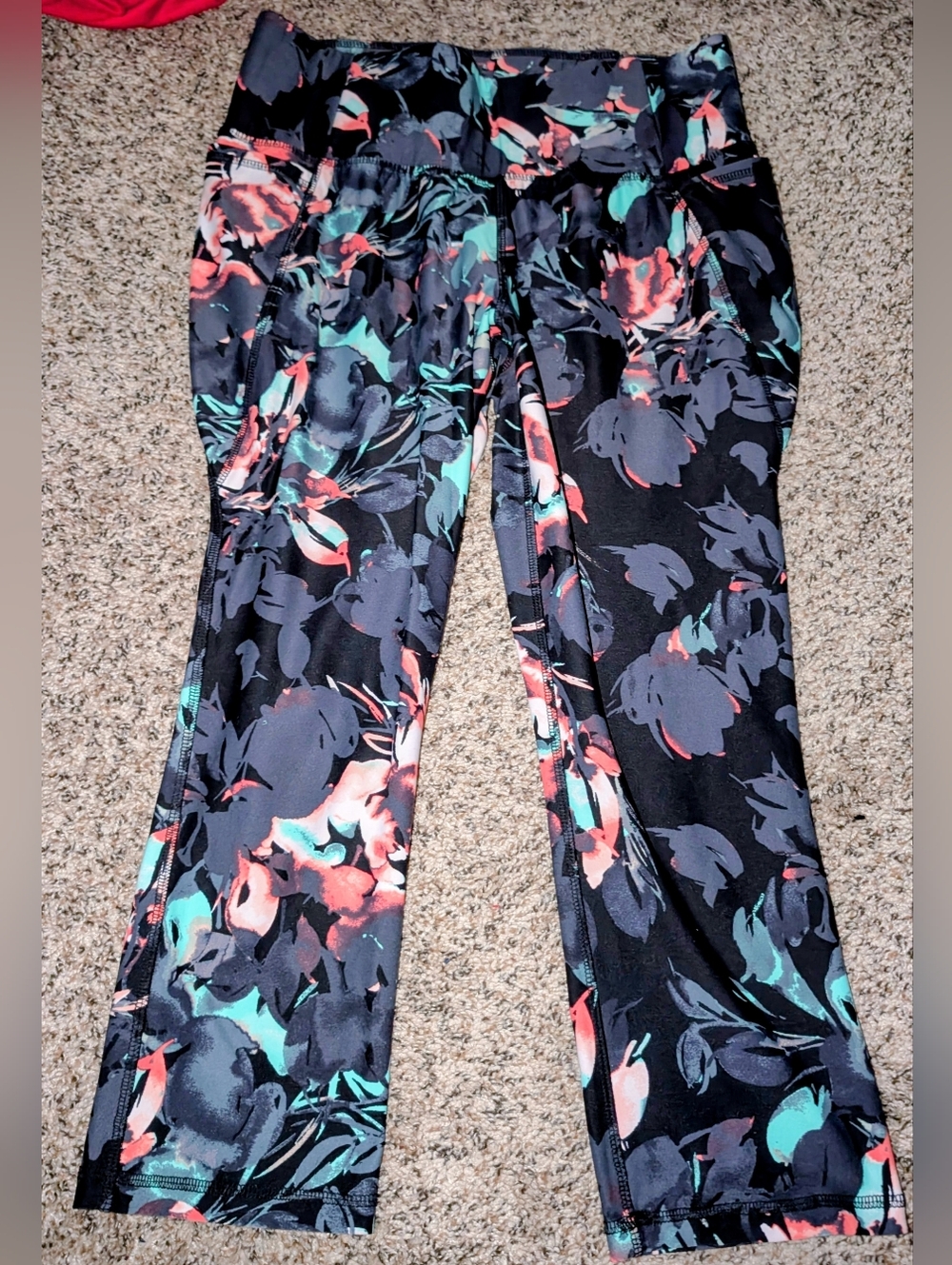 Women's Black Floral Active Pants with Coral & Teal Accents